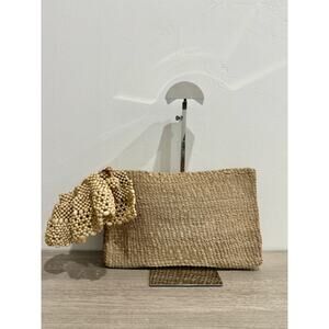 Aranaz Raffia and Wood Beads Small Clutch Handbag Beige